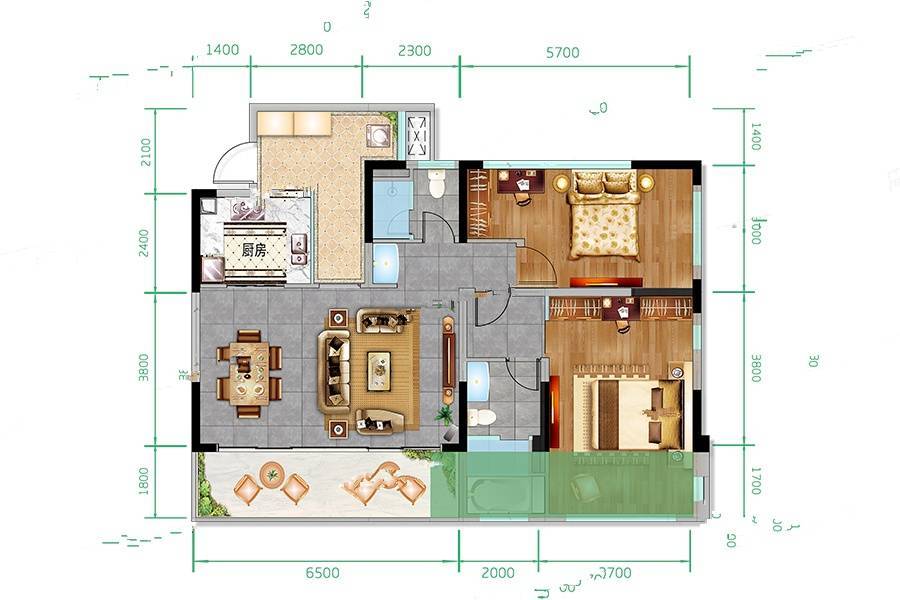 大观千舍2室2厅2卫112㎡户型图