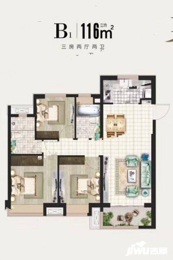 金辉优步花园3室2厅2卫116㎡户型图