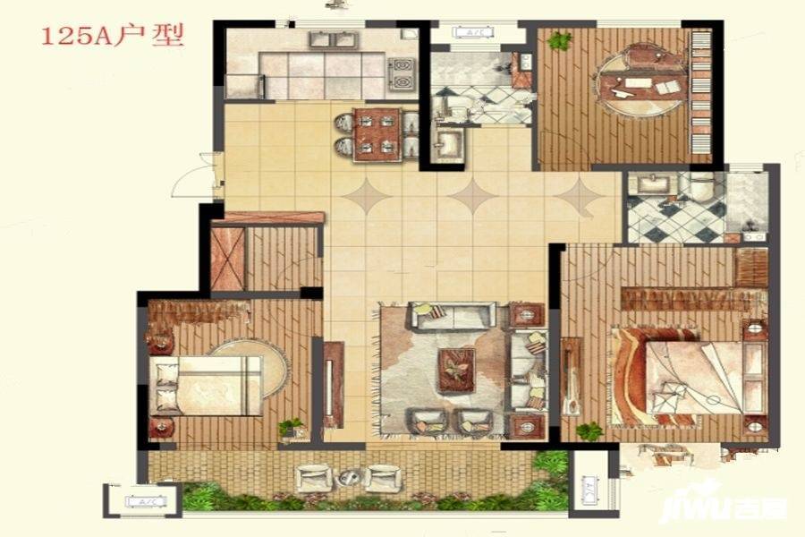 鸿地雍山府3室2厅2卫125㎡户型图