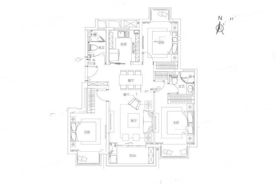 绿地天空树3室2厅1卫102㎡户型图