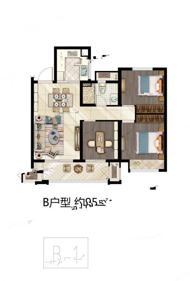 圆融发展中心3室2厅1卫95㎡户型图