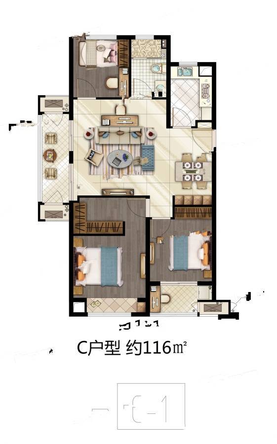 圆融发展中心3室2厅1卫116㎡户型图