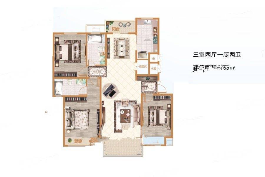 建业百城天地3室2厅2卫135㎡户型图