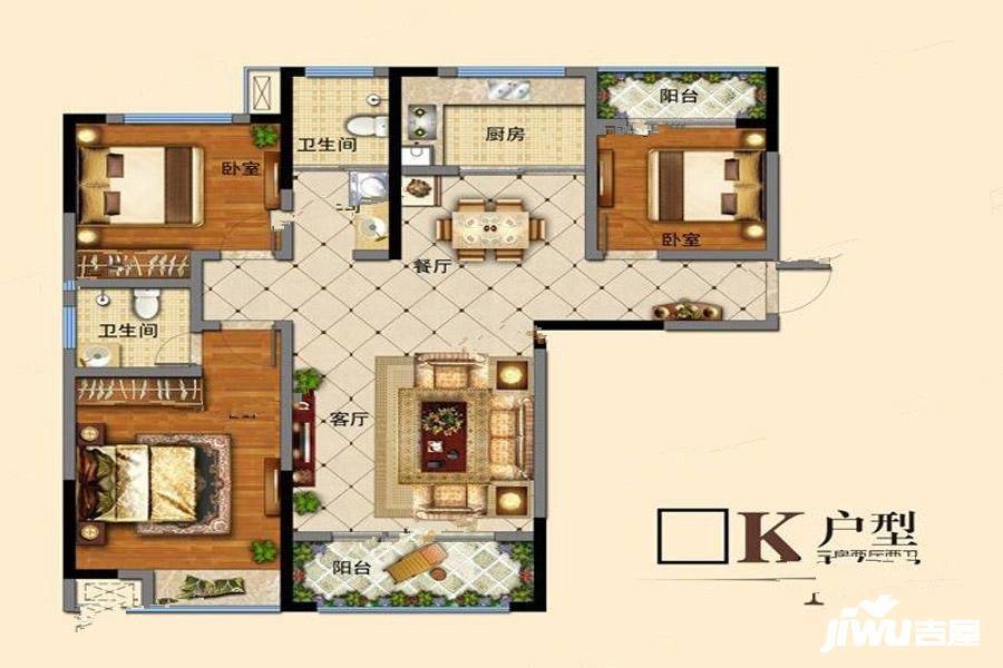 民生美庐印象3室2厅2卫126.7㎡户型图