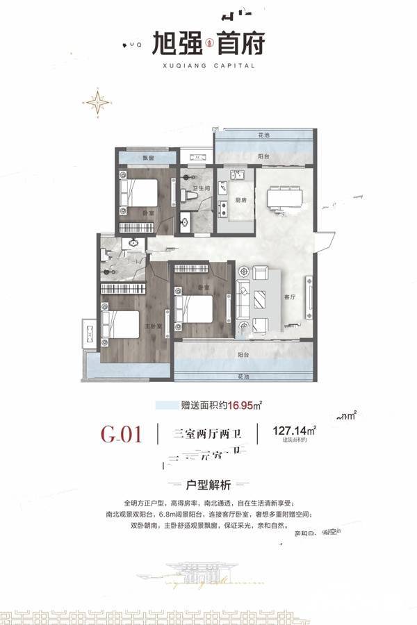 旭强首府3室2厅2卫127.1㎡户型图