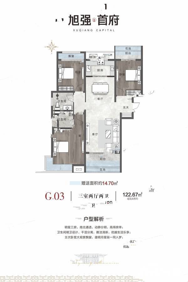 旭强首府3室2厅2卫122.7㎡户型图