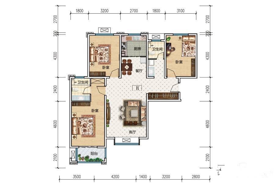 华瑞紫韵城3室2厅2卫137.5㎡户型图