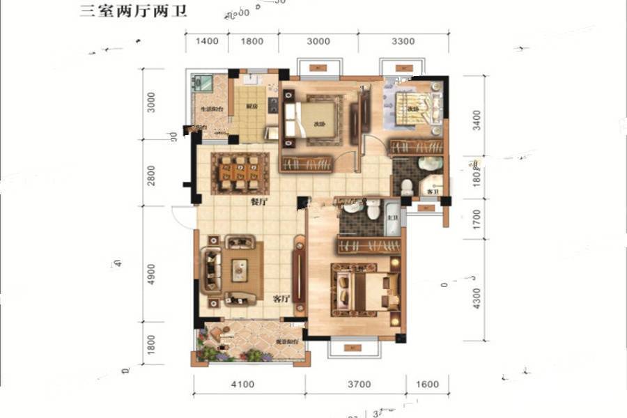 中乾世纪城3室2厅2卫109㎡户型图