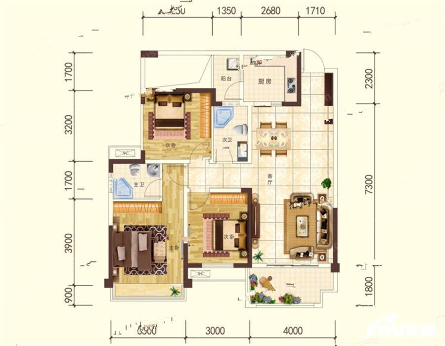 中央绿洲3室2厅1卫105㎡户型图