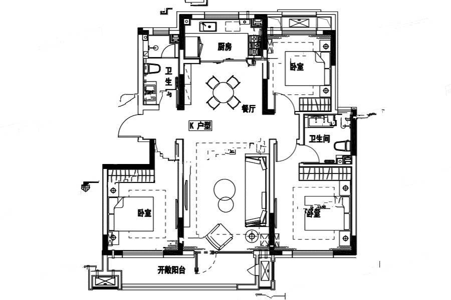 高实景苑3室2厅2卫125㎡户型图