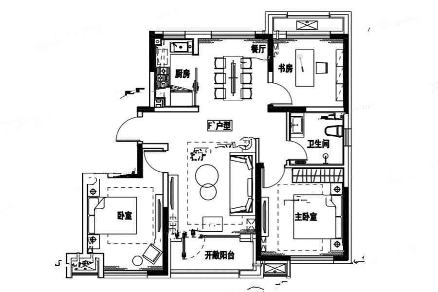 高实景苑3室2厅1卫124㎡户型图