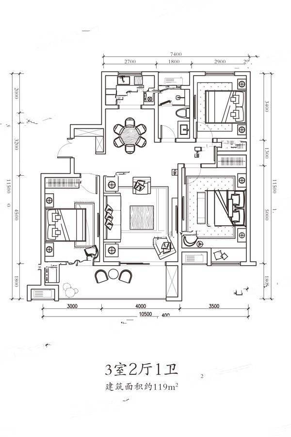 润锦中央美地天麓3室2厅1卫119㎡户型图