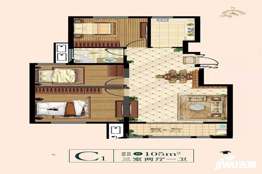 坤源绿洲半岛3室2厅1卫105㎡户型图