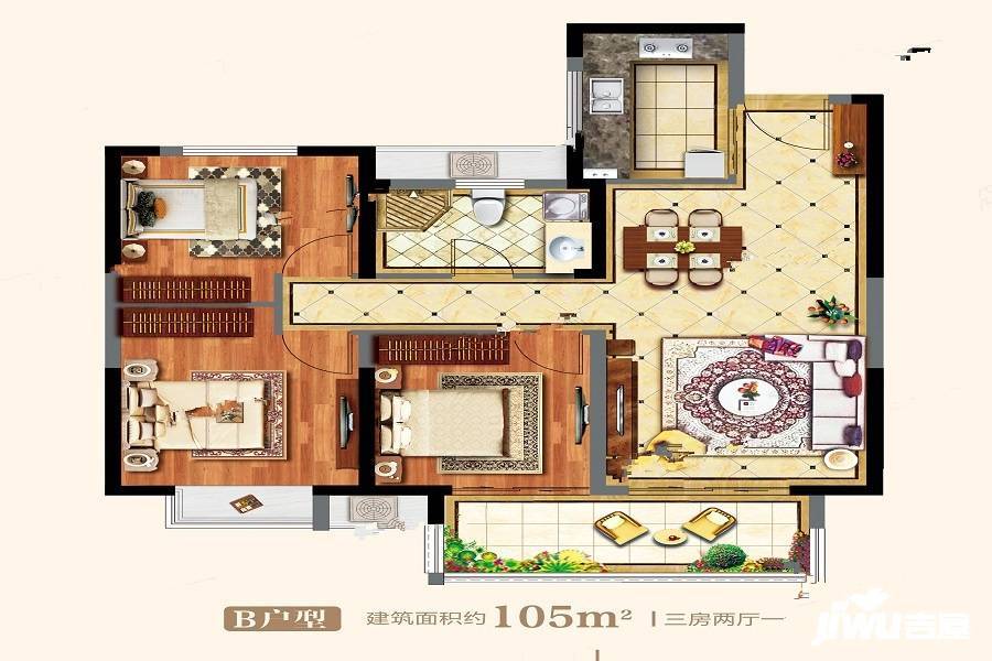 中庚香城云开3室2厅1卫105㎡户型图