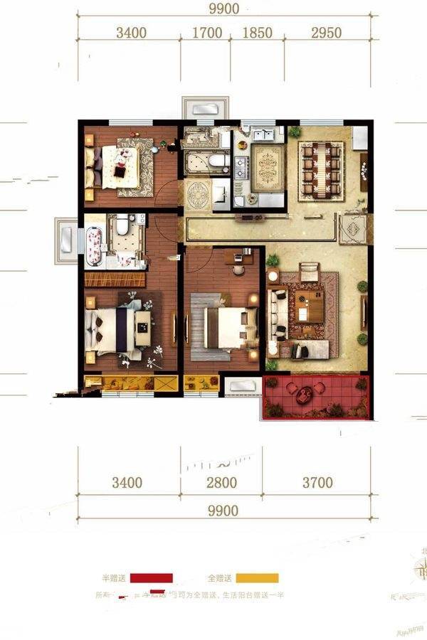 恒顺锦润华庭3室2厅2卫105㎡户型图