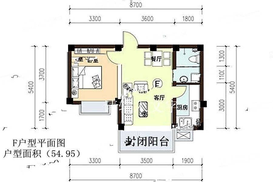 瀚海绿城1室2厅1卫55㎡户型图