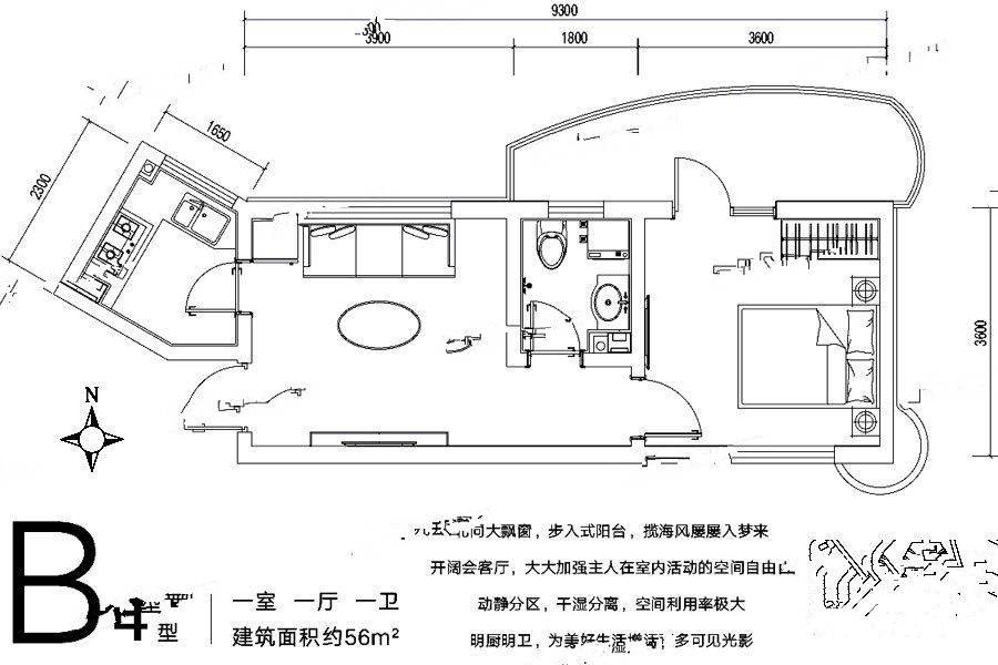 融创果岭海岸1室1厅1卫56㎡户型图