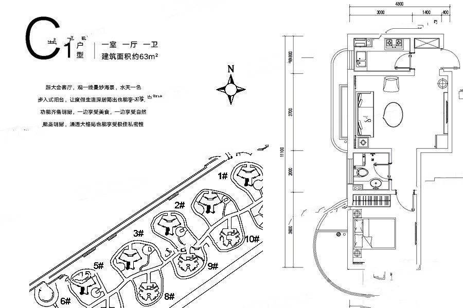 融创果岭海岸1室1厅1卫63㎡户型图