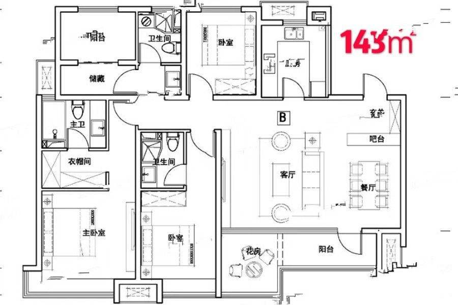 蓝光雍锦锦湖4室2厅2卫143㎡户型图