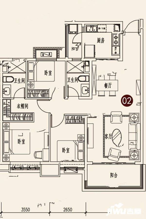 蓬莱海上帝景3室2厅2卫129.5㎡户型图