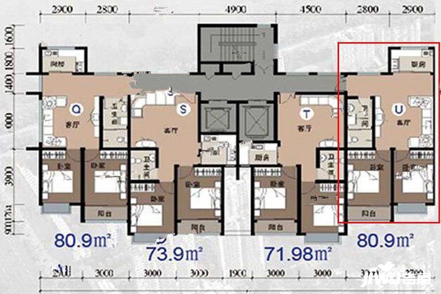 渤海湾国际公馆2室1厅1卫80.9㎡户型图