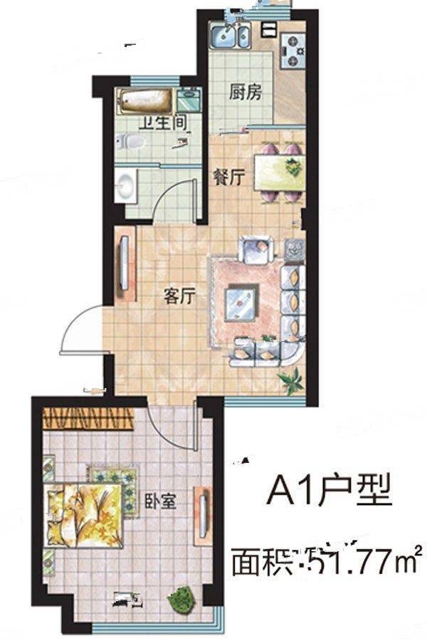 花香海1室1厅1卫51.8㎡户型图