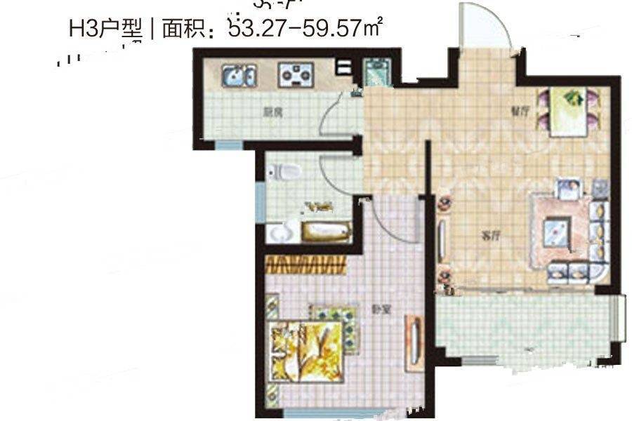 花香海1室1厅1卫53.3㎡户型图