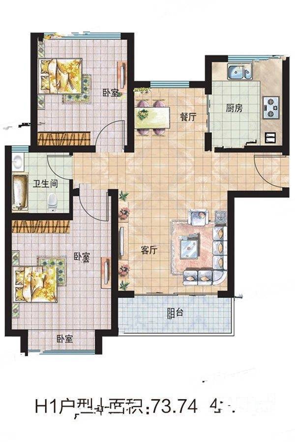 花香海2室2厅1卫73.7㎡户型图