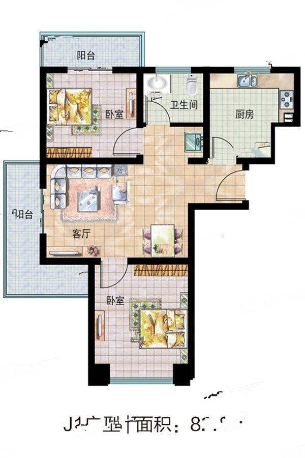 花香海2室2厅1卫82.1㎡户型图