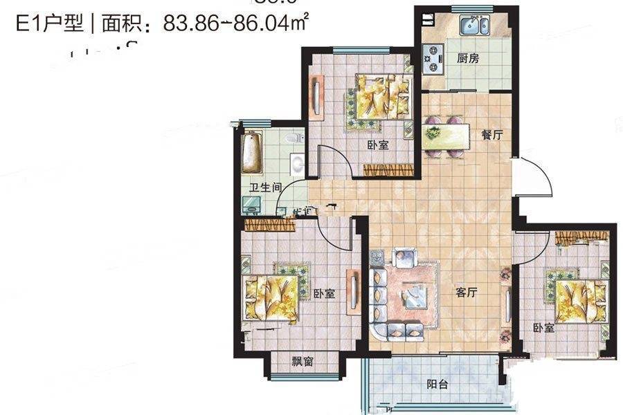 花香海3室2厅1卫83.9㎡户型图