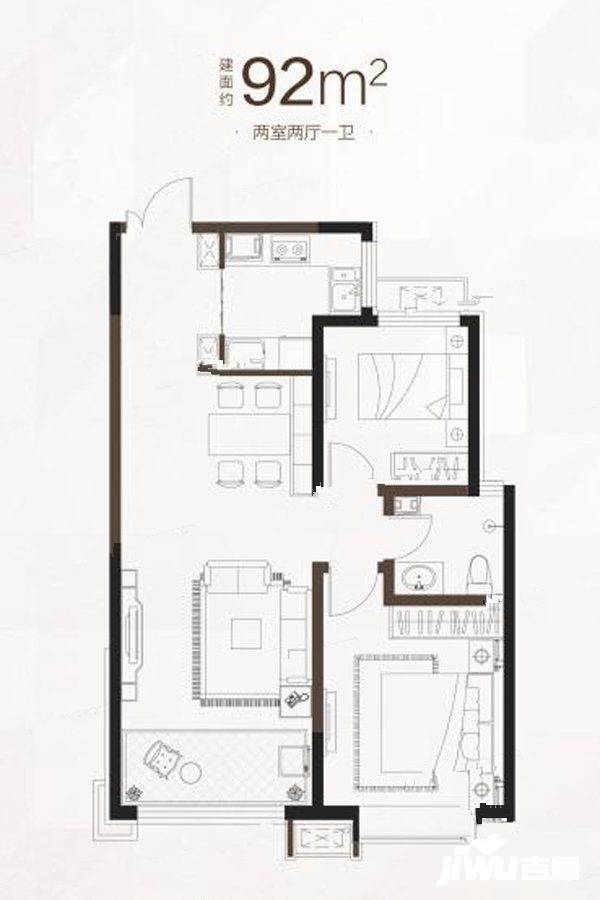 山水泉城尚城2室2厅1卫92㎡户型图