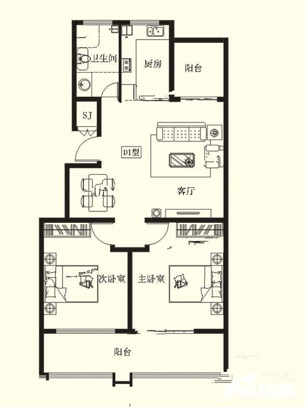 盛唐世家2室2厅1卫109㎡户型图