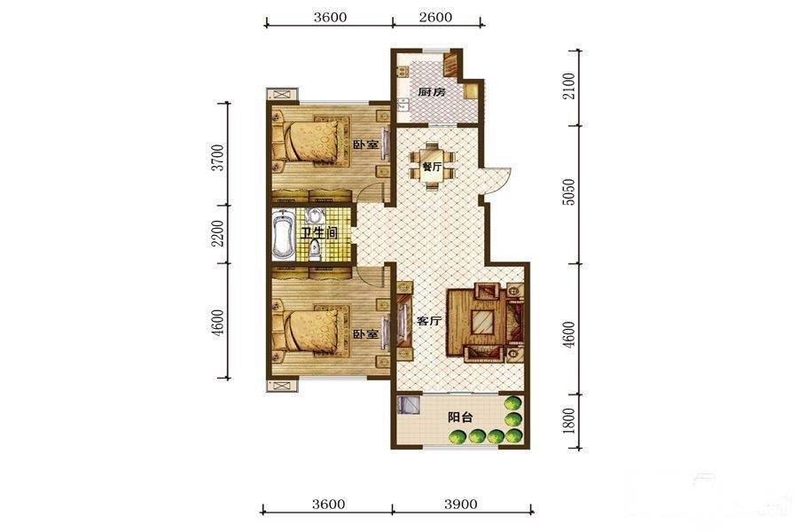 建邦原香溪谷2室2厅1卫96㎡户型图