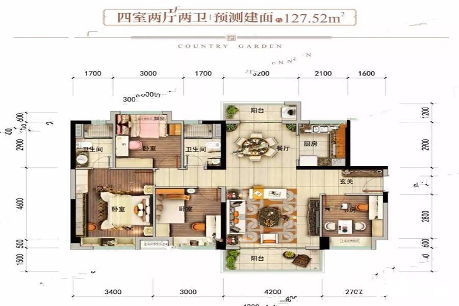 内江碧桂园铂悦府127户型图_首付金额_4室2厅2卫_127.52平米 吉屋网