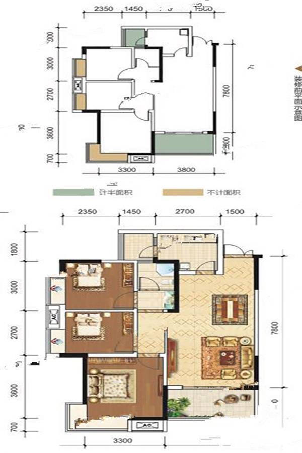 雄飞国际新城鸿岛3室2厅1卫95㎡户型图