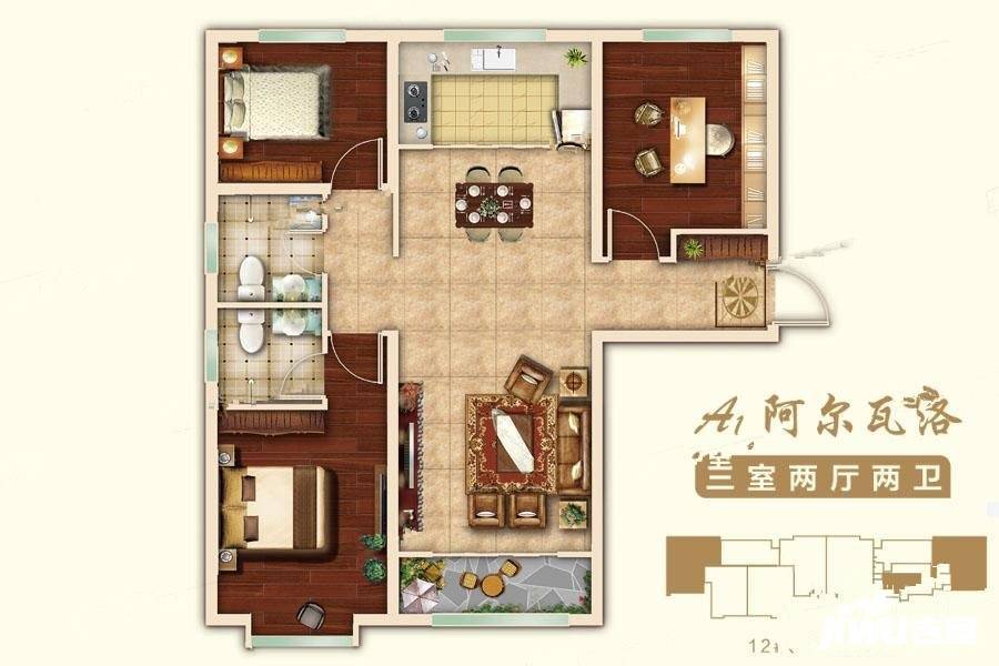 鹏渤印象城3室2厅2卫109㎡户型图