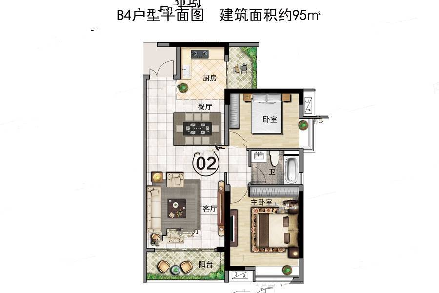 贵州金融城2室2厅1卫95㎡户型图