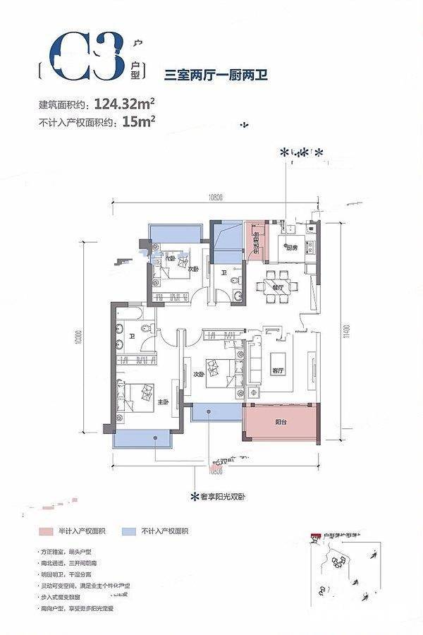 假日城市Ⅱ芳华3室2厅2卫124.3㎡户型图