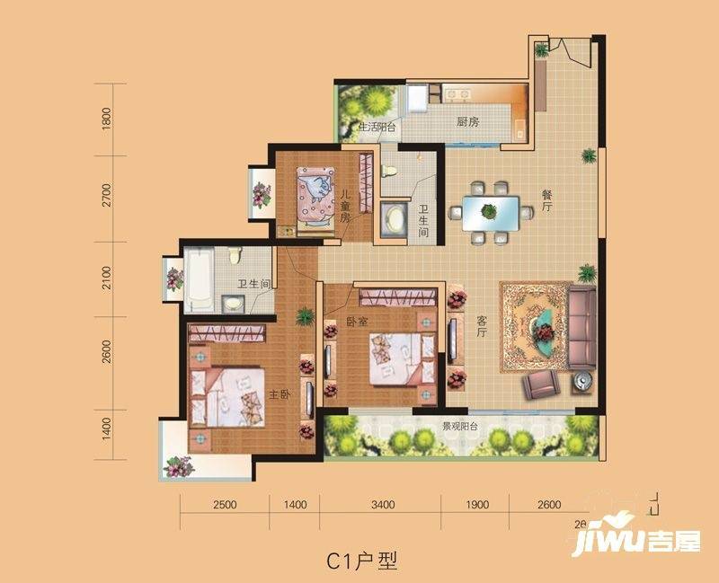 山水融城3室2厅2卫120.3㎡户型图