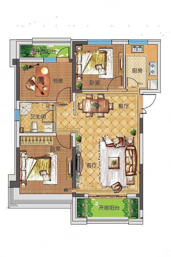 金越逸墅蓝湾3室2厅1卫101㎡户型图