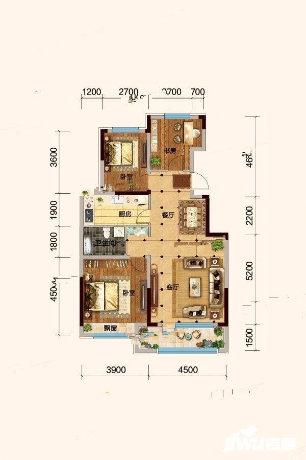 逸品湖畔3室2厅1卫106㎡户型图