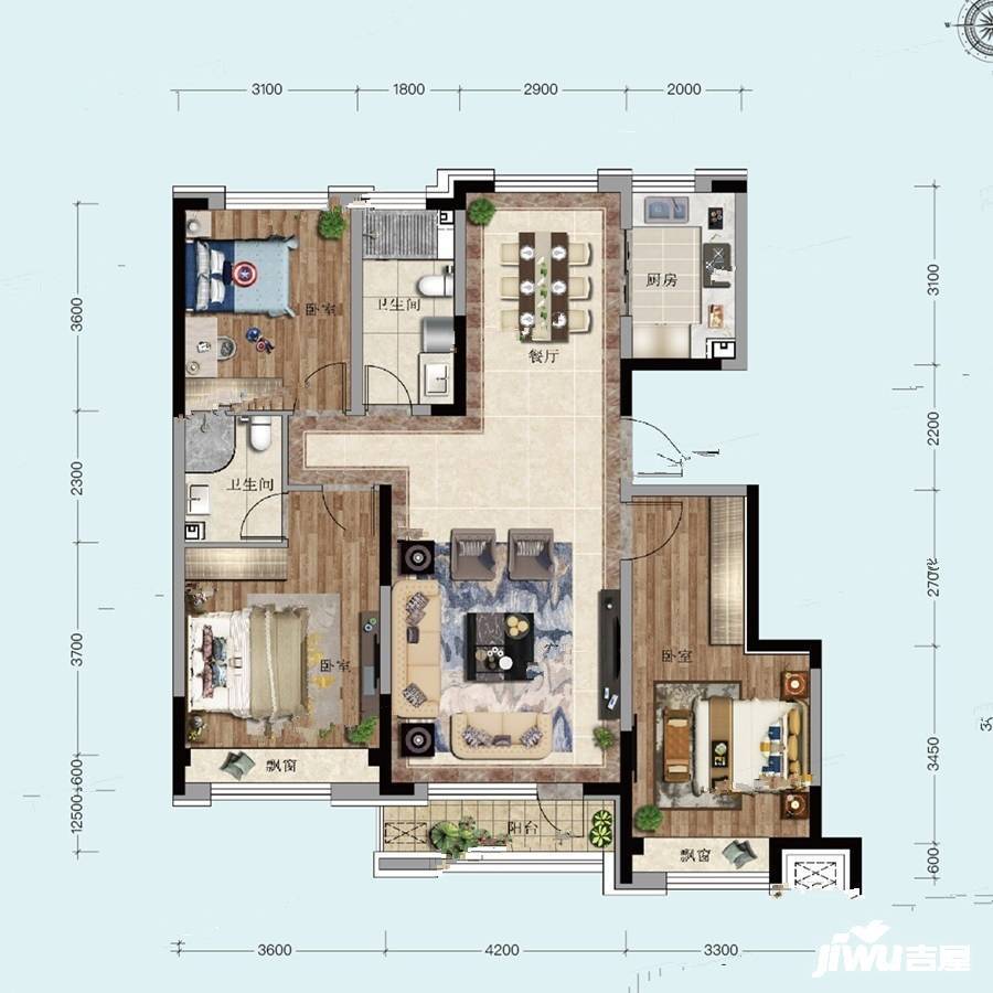 天茂湖慧湖学院3室2厅2卫128㎡户型图