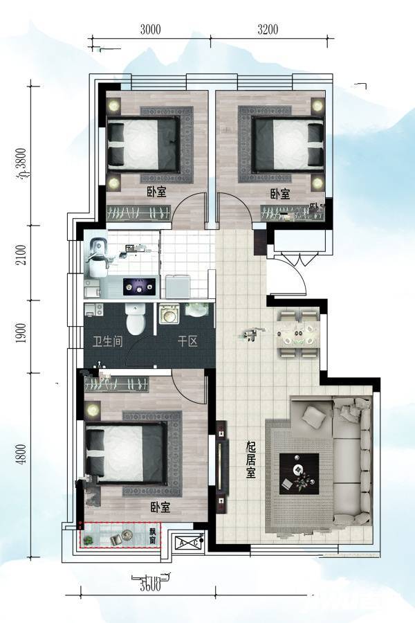 润德锦城3室2厅1卫108㎡户型图