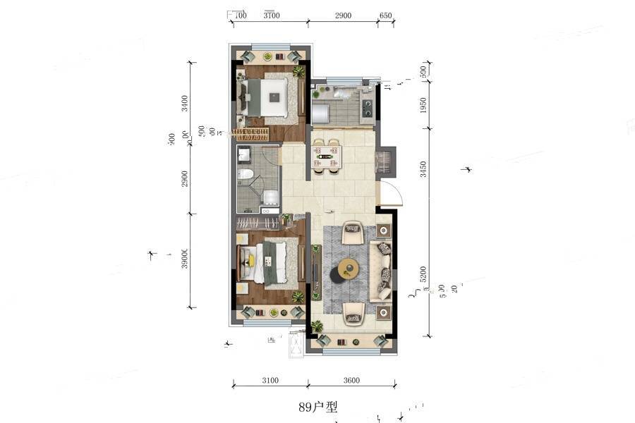 华润置地公元九里2室2厅1卫89㎡户型图