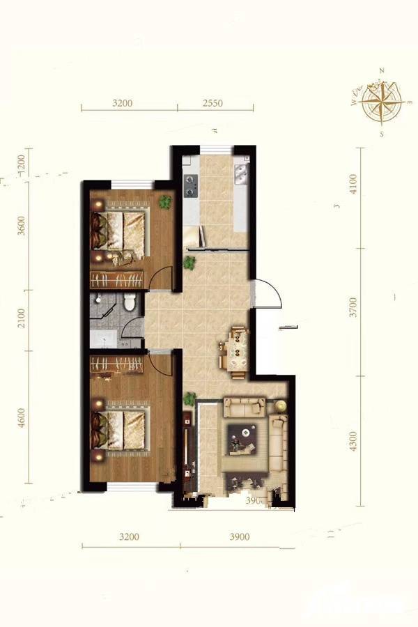 龙腾香格里22期2室2厅1卫90㎡户型图