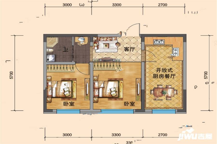 南郡瀚府2室2厅1卫65㎡户型图