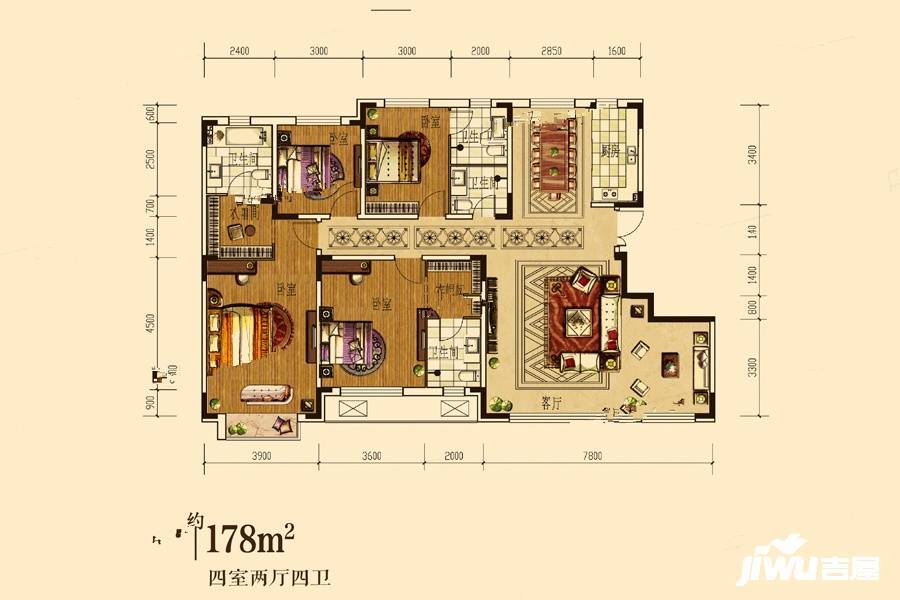 华西御园4室2厅4卫178㎡户型图