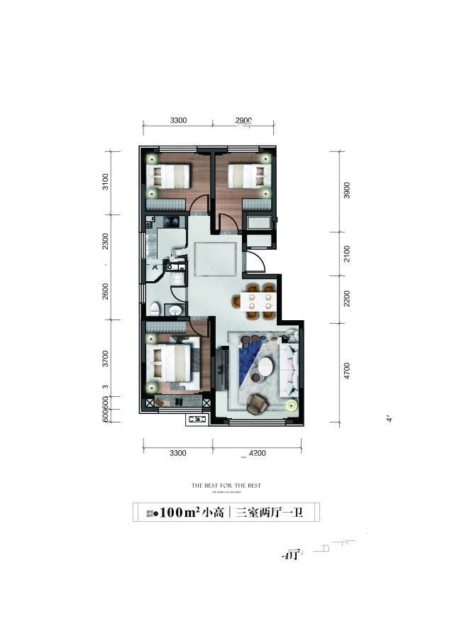 宝裕悦兰湾二期兰锦3室2厅1卫100㎡户型图