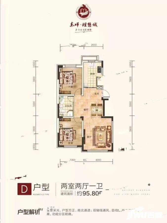 顺达东师理想城2室2厅1卫95.8㎡户型图