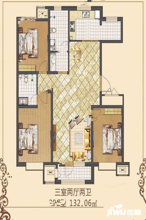 京津雄苑3室2厅2卫132.1㎡户型图